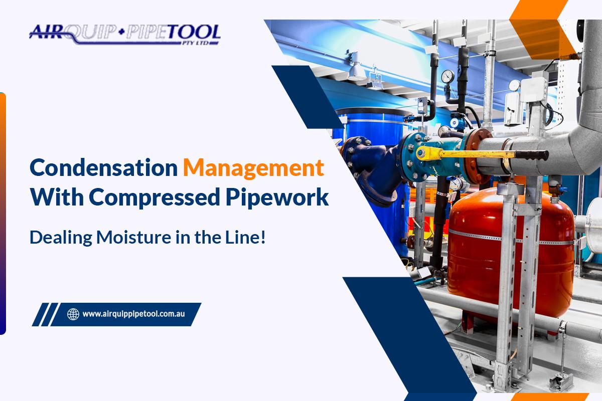 Compressed air pipework system showing condensation management with corrosion-resistant aluminium piping, valves, and air receiver tank installed by Airquip & Pipetool